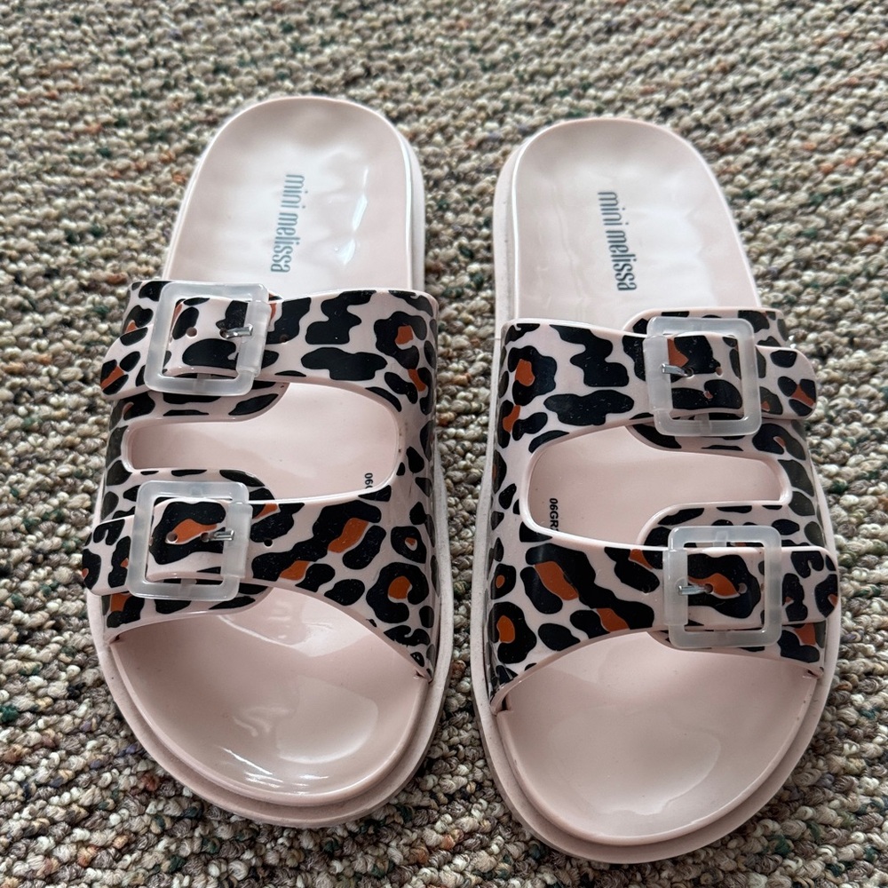 Mini Melissa Pink Leopard Buckle Slides